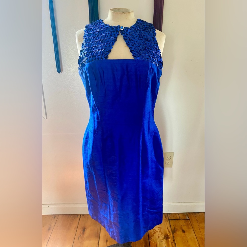 Gorgeous vintage royal blue sequin midi cocktail dress 60s 70s M-L party dress